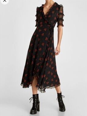 Zara Floral Wrap Midi Dress M Whimsygoth